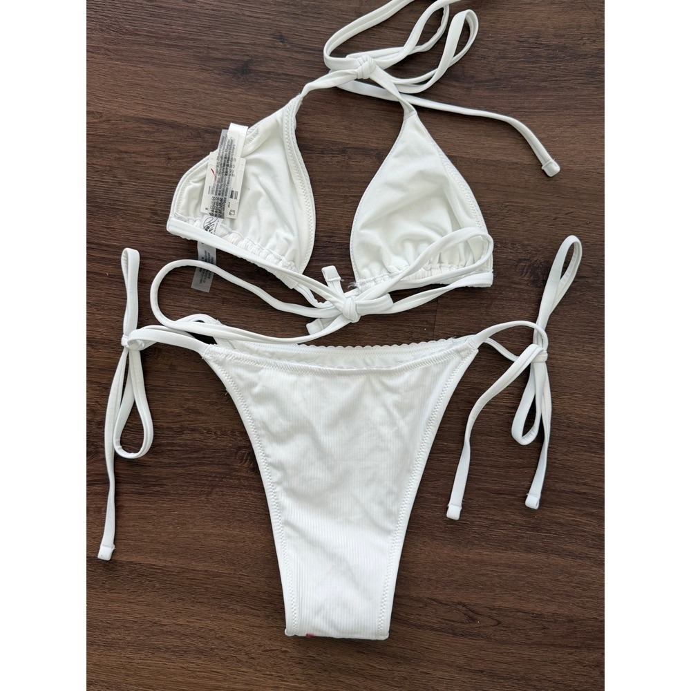 PINK by Frankies Bikinis White Ribbed Rose Embroidered Bikini Set XL NWT - Picture 3 of 5